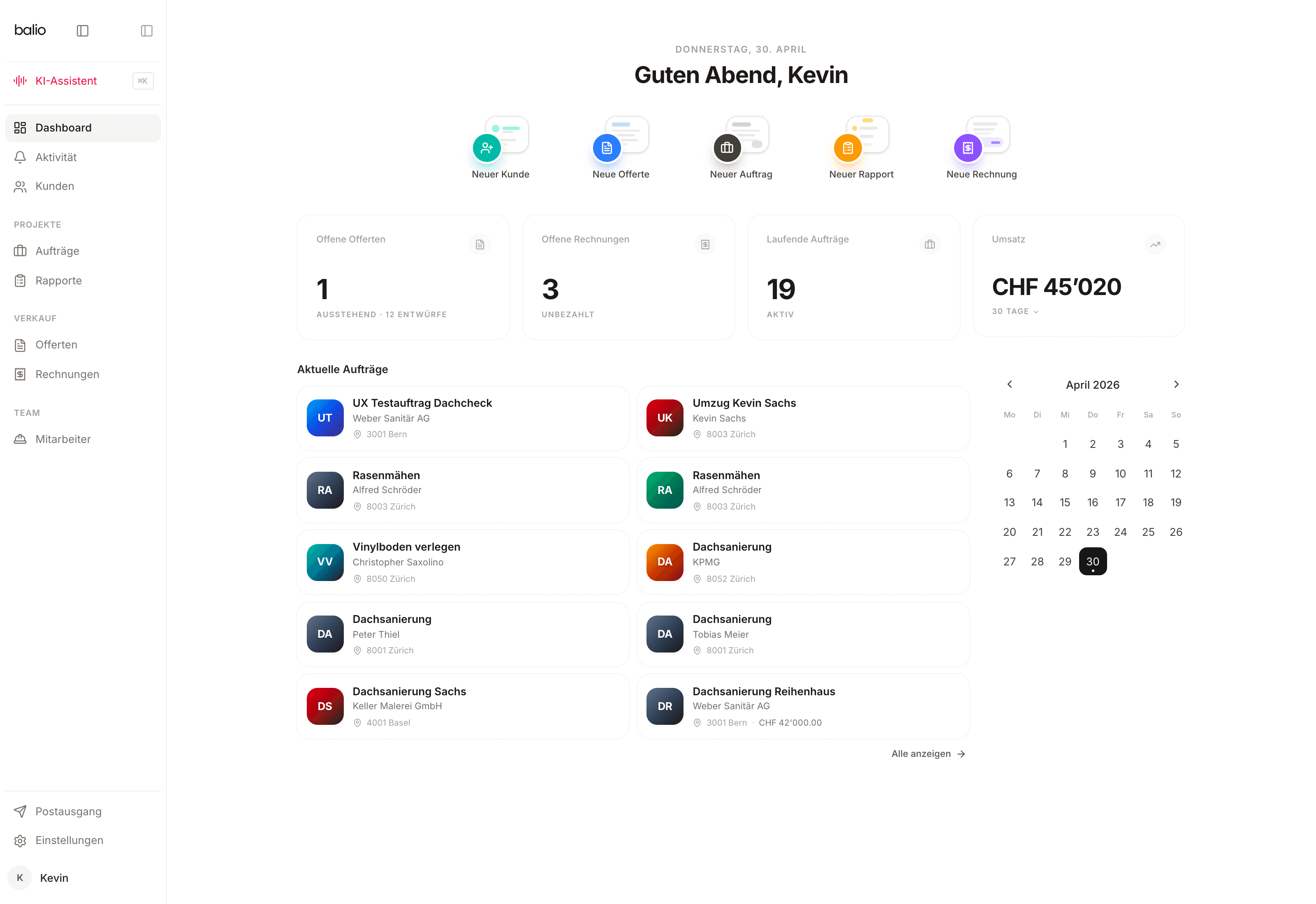 balio Dashboard, Übersicht mit offenen Offerten, Rechnungen, laufenden Aufträgen und Umsatz