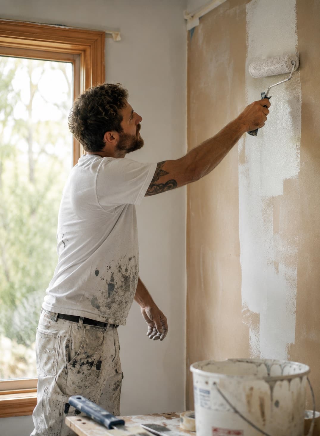 Maler streicht eine Wand weiss mit der Farbrolle
